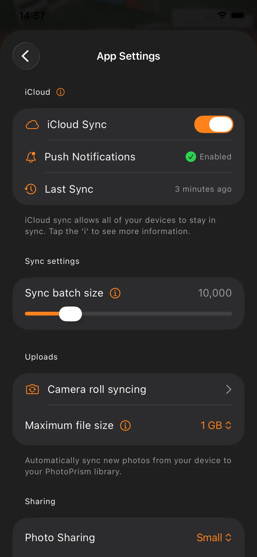 Photoflare iOS app settings – connect to your PhotoPrism server